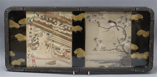 A Japanese lacquer and woodblock tray W.60cm